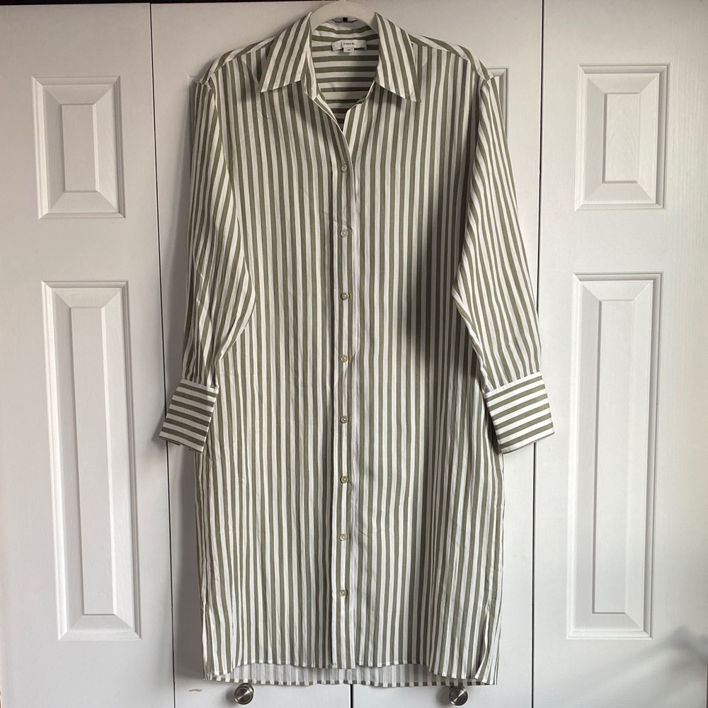 Vince Green White Striped Shirt Dress Button Down  Sz S